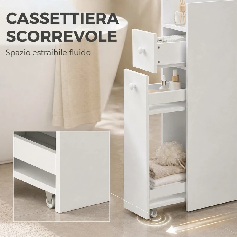HOMCOM Mobiletto Bagno Salvaspazio, Mobile Bagno Stretto a 3 Livelli con Ripiano Aperto e Cassetti Estraibili su Ruote