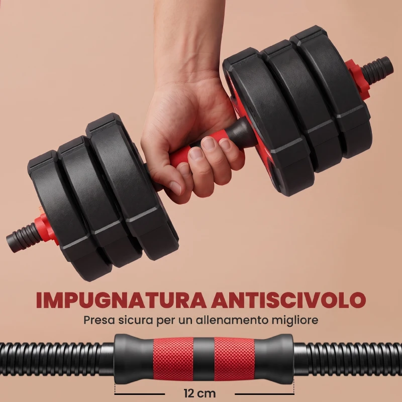 SPORTNOW Set Manubri Regolabili 5 in 1 da 30kg Totali, Set Pesi Palestra Utilizzabile come Kettlebell, Nero e Rosso