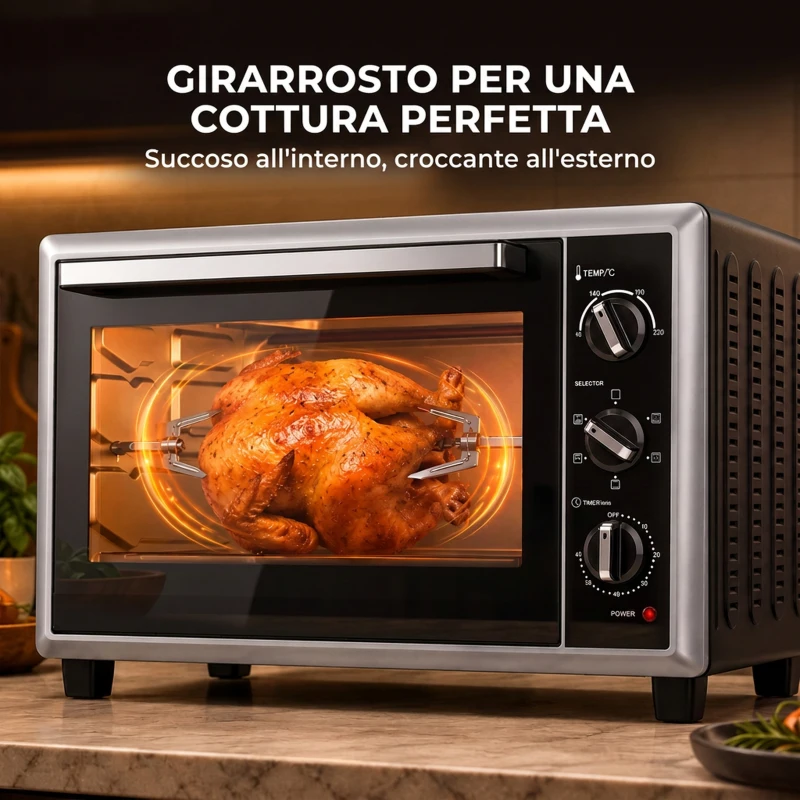 HOMCOM Forno Elettrico Ventilato 32L 1500W, Temperatura Regolabile 90-230°, 6 Modalità di Cottura, Porta in Vetro