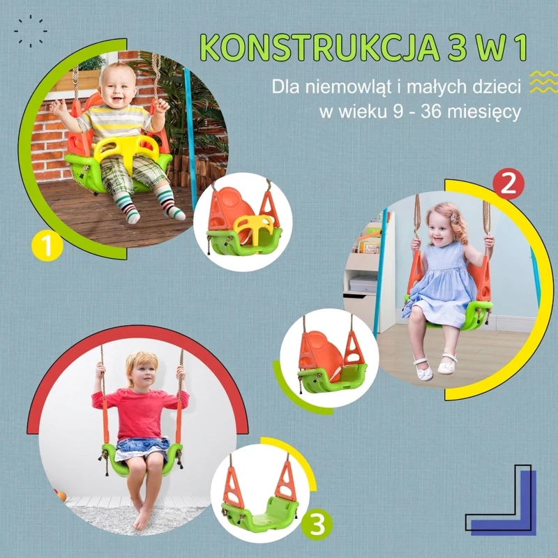 Outsunny 3-w-1 Huśtawka dla dzieci, huśtawka z regulowanym sznurkiem, Zielona