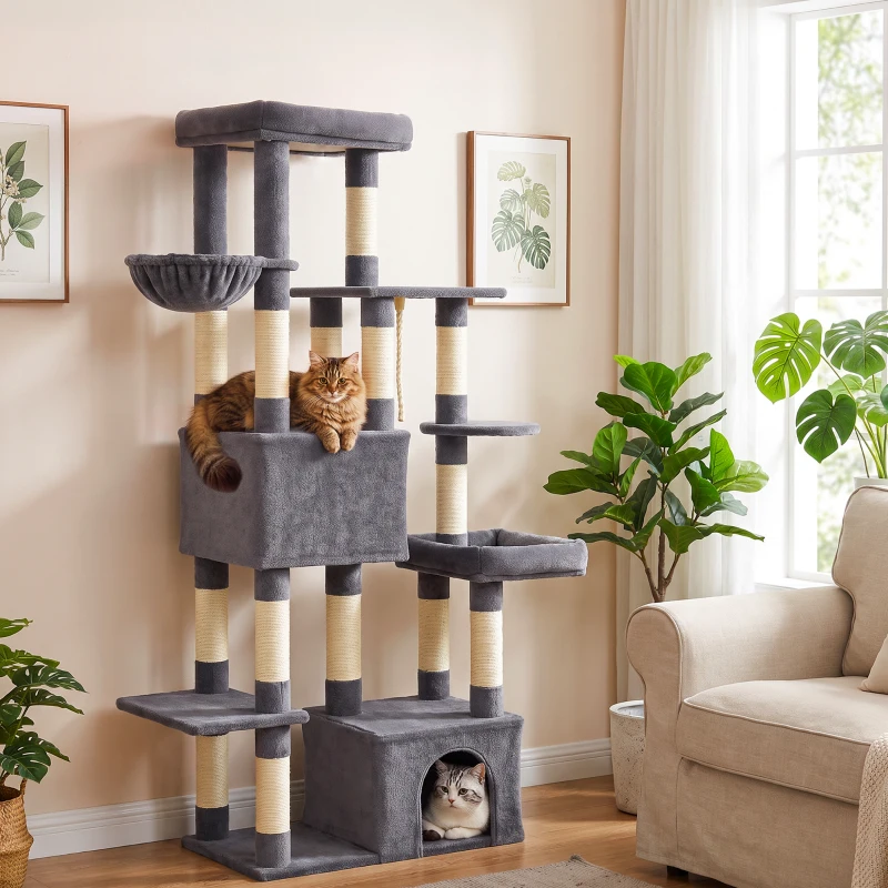 PawHut Tiragraffi per Gatti Grande Alto 180 cm Multilivello, 13 Pali Graffiatoi, 2 Grotte, Amaca, 2 Cucce, Grigio Scuro