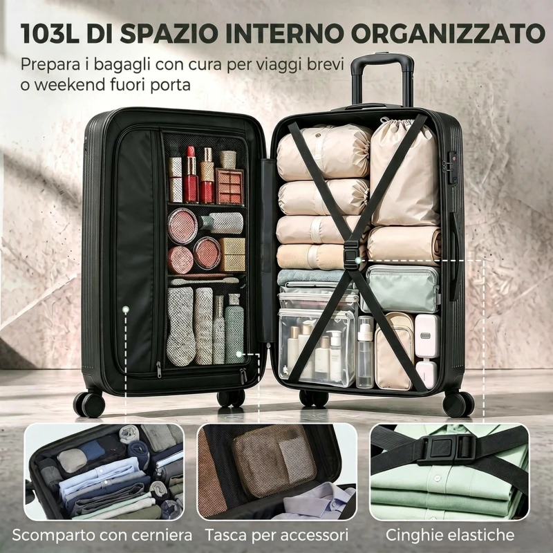 HOMCOM Valigia Rigida Grande 103L, Bagaglio Espandibile ABS con 4 Ruote Girevoli, Angoli Protettivi, 77x50x30 cm, Nero