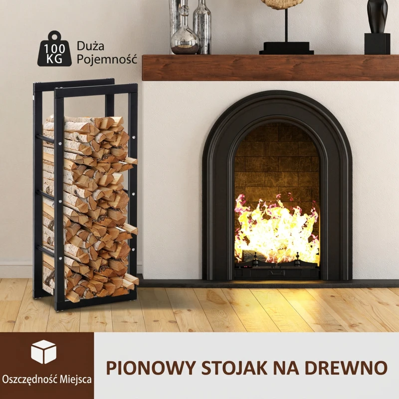 HOMCOM Stojak na drewno kominkowe Półka na drewno Pojemnik na drewno opałowe 100 kg Stal Czarny dł. 40 x szer. 25 x wys. 100 cm