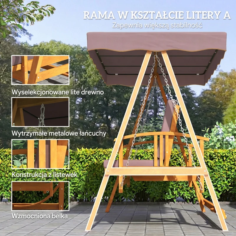 Outsunny Hollywoodschommel met zonnekap echt houten tuinschommel Schommelbank Schommel met ligfunctie van larikshout voor 3 personen