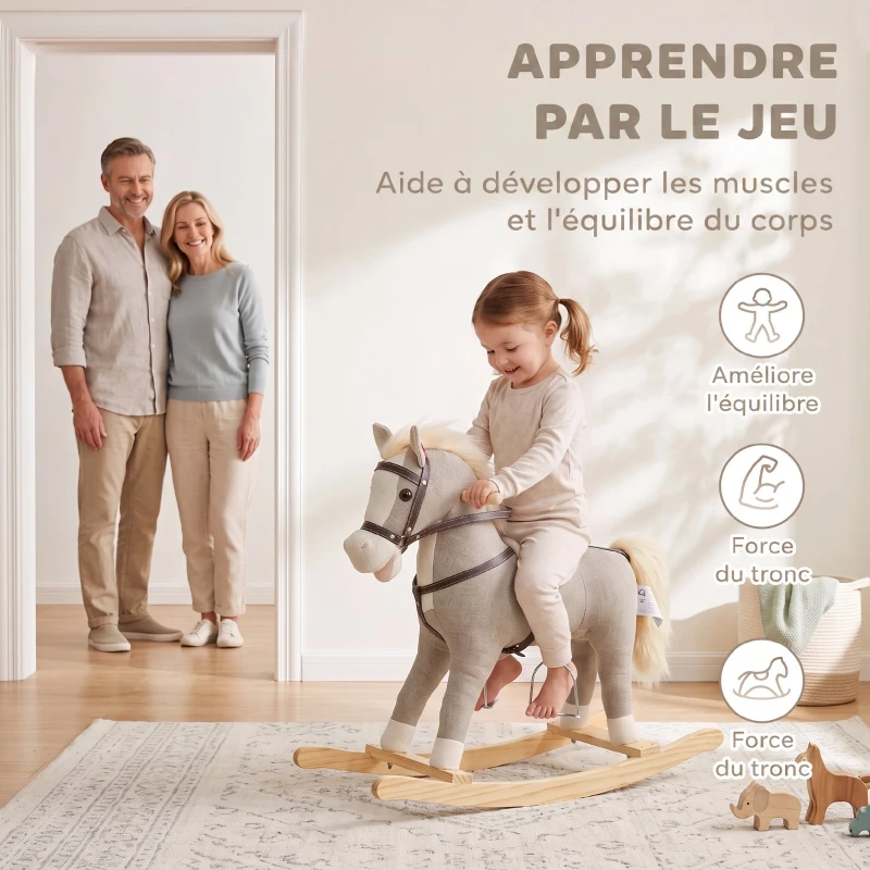 AIYAPLAY Cheval à bascule pour enfants, jouet à bascule bébé en tissu effet lin avec effets sonores et poignées de sécurité, gris