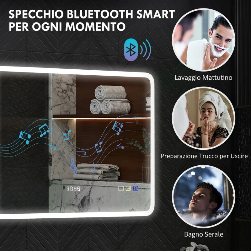 HOMCOM Specchio Bagno LED con Bluetooth, Illuminazione Regolabile e Funzione Memory, in Vetro Temperato, 80x60x3.5 cm