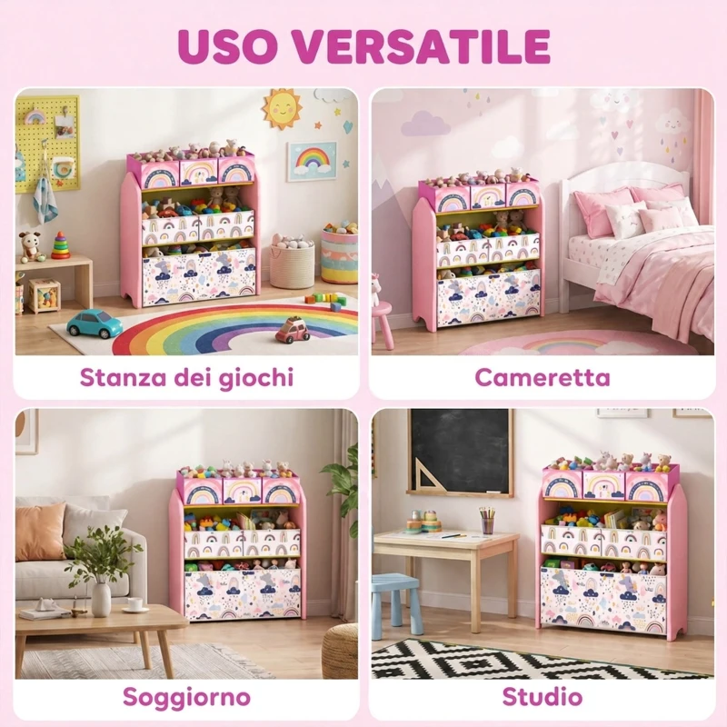 AIYAPLAY Scaffale Portagiochi Bambini a 3 Livelli con 6 Contenitori, Tema Ragazza Rosa, per Cameretta e Sala Giochi