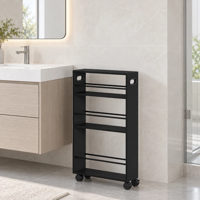 HOMCOM Carrello portaoggetti slim a 3 ripiani con ruote e barre laterali, salvaspazio per cucina e bagno, 4 ruote, nero