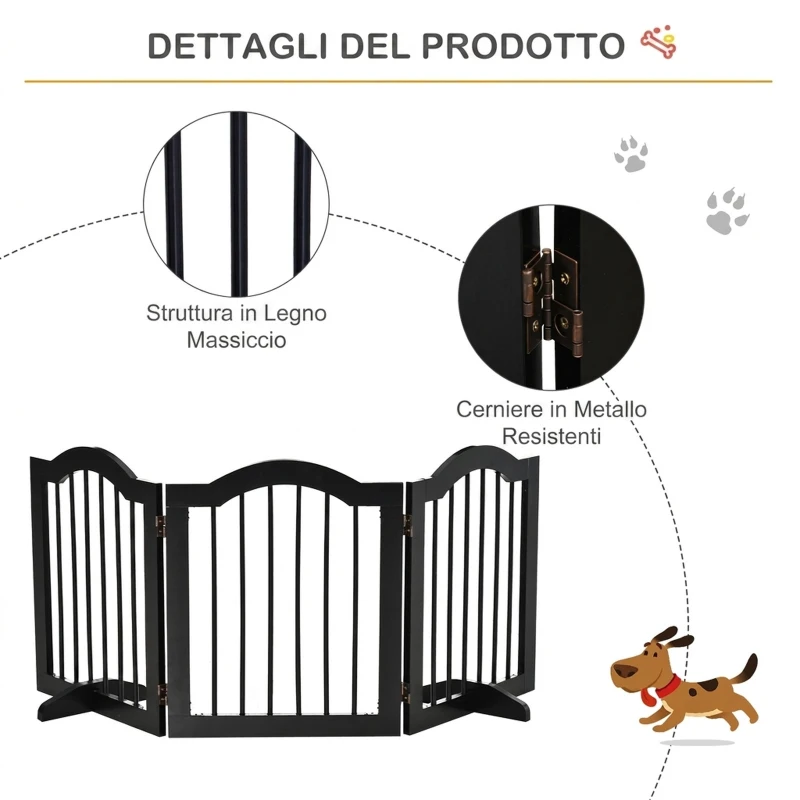 PawHut Cancellino per Cani Pieghevole a 3 Sezioni in Legno, Barriera per Cani con Piedini, 154.5x29.5x61cm, Nero