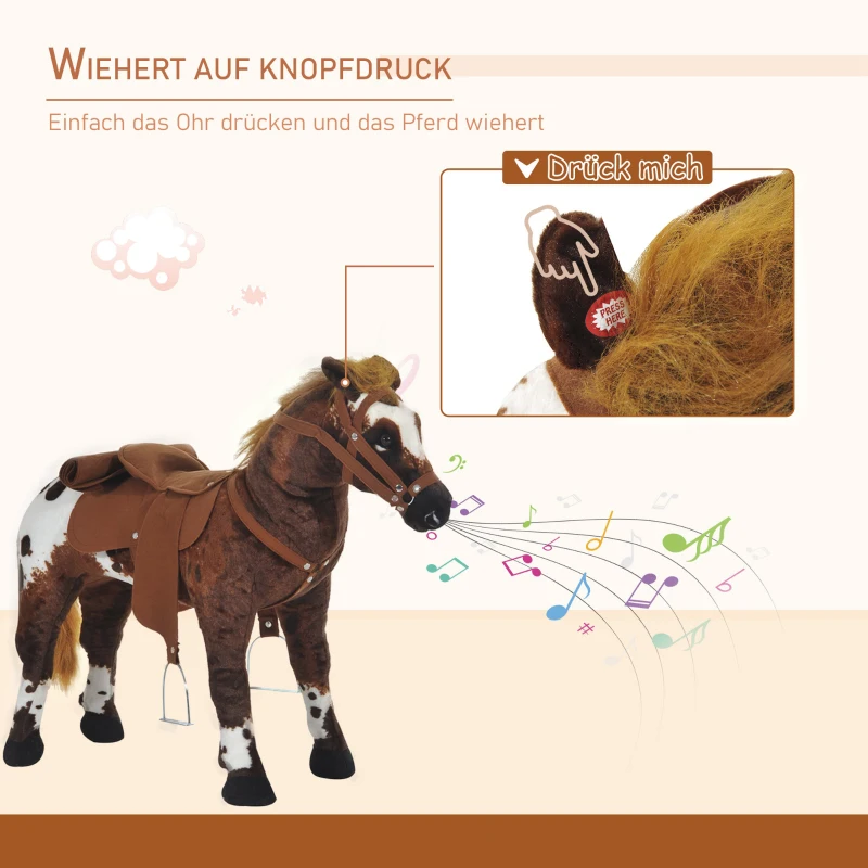 HOMCOM Reitpferd Spielpferd zum Reiten Stehpferd mit Sattel, Sound, Steigbügel Plüschpferd für Kinder ab 2 Jahren Braun