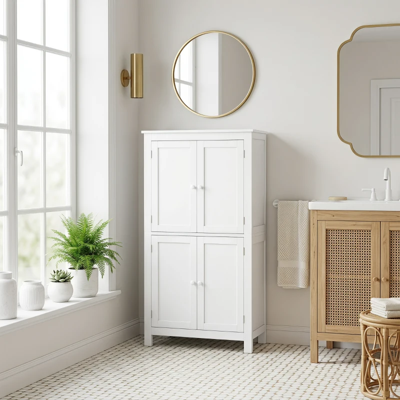 HOMCOM Mobile Bagno con 4 Ante e Ripiani Regolabili, per Lavanderia Salotto Soggiorno Cucina, 60x30x110 cm, Bianco