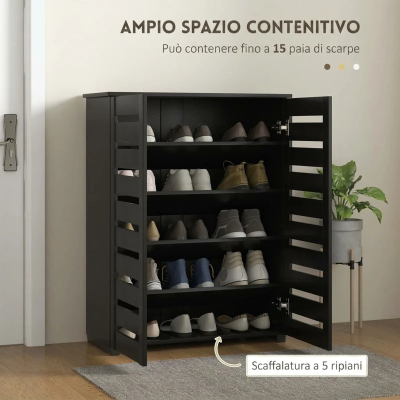 HOMCOM Mobile Scarpiera a 5 Livelli con 4 Ripiani Regolabili e Ante a Doghe, in Legno, 76x33Px98 cm, Nero