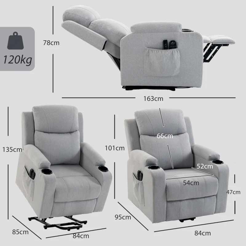 HOMCOM Fauteuil Releveur Électrique Massage Vibration et Chaleur, Fauteuil Relax Électrique, Dossier Inclinable, Port USB, Gris