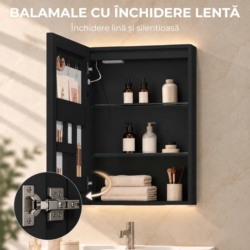 HOMCOM Dulap de Baie cu Oglindă și LED, 3 Culori, 50x70 cm, Soft-Close, Priză, Rafturi Reglabile, Negru