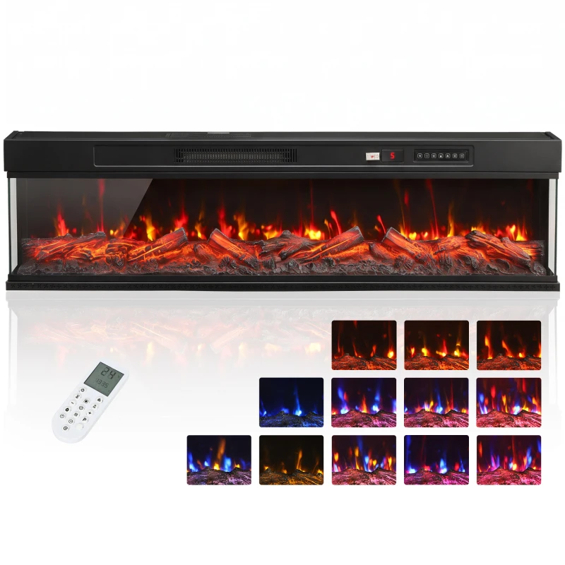 HOMCOM Lareira Elétrica Encastrável ou de Chão 750/1500W, 3 Lados, 12 Cores de Chama 3D, Termóstato, Comando à Distância, Preto