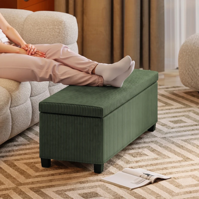 HOMCOM Banc de Rangement, Bout de Lit en Velours Côtelé avec Couvercle, pour Salon, Chambre, Entrée, 112x42x40 cm, Vert Clair