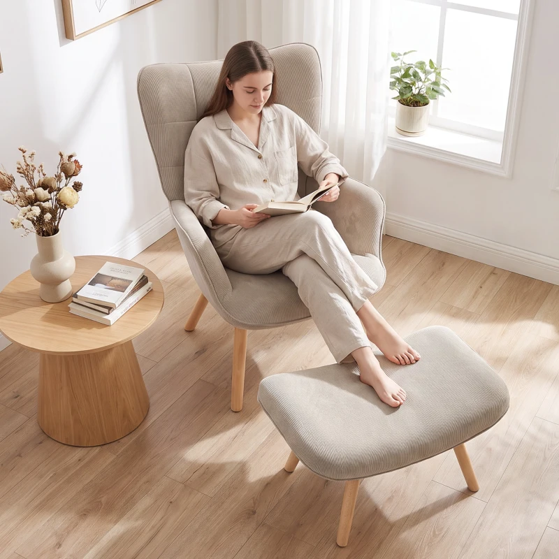 HOMCOM Fotel Relaksacyjny Zestaw z Podnóżkiem Skandynawski Design Drewno Bukowe Szary