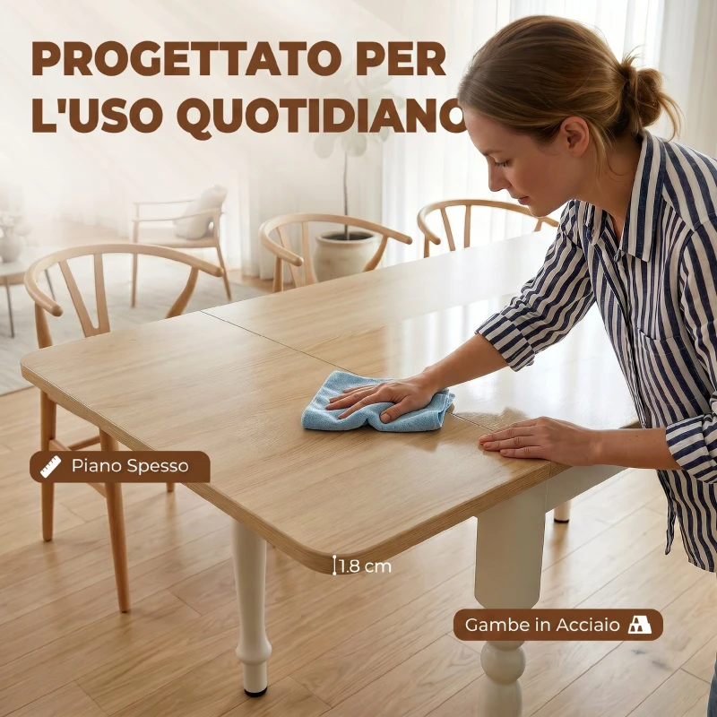 HOMCOM Tavolo da Pranzo Pieghevole per 2-6 Persone, Tavolo a Ribalta 74-134 cm Effetto Legno, in Acciaio, Naturale