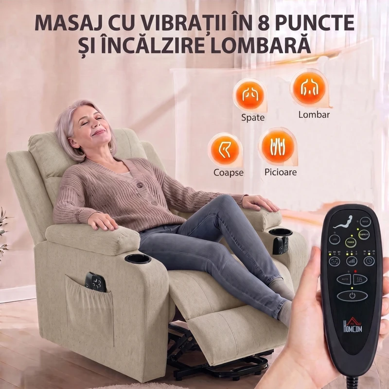 HOMCOM Fotoliu Electric cu Ridicare și Reclinare, Încălzire, Masaj, Efect In, 2 Telecomenzi, Crem