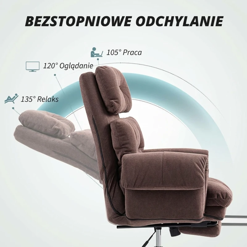HOMCOM Fotel Biurowy z Regulowanym Oparciem, Obrotowe Krzesło Wyściełane, Pianka, Metal, Kolor Kawa