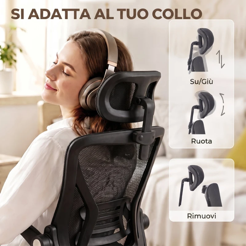 HOMCOM Sedia Ufficio Ergonomica con Braccioli Ribaltabili, Poggiatesta e Altezza Regolabili, in Rete Traspirante, Nero