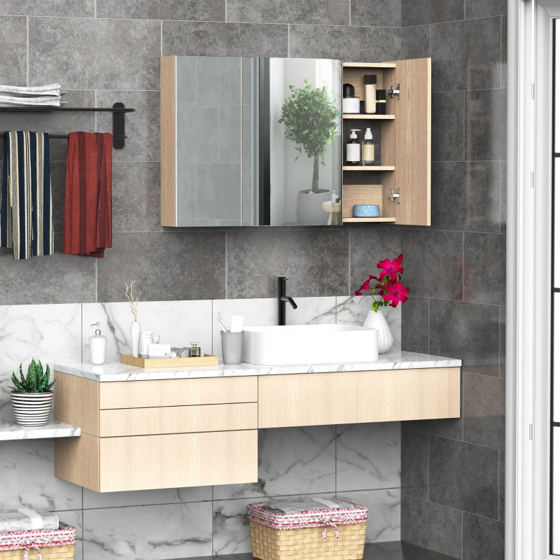 Kleankin Dulapior Mobila de Perete Baie 3 Usi cu Oglinda in Lemn Stejar 90x60x13,5 cm