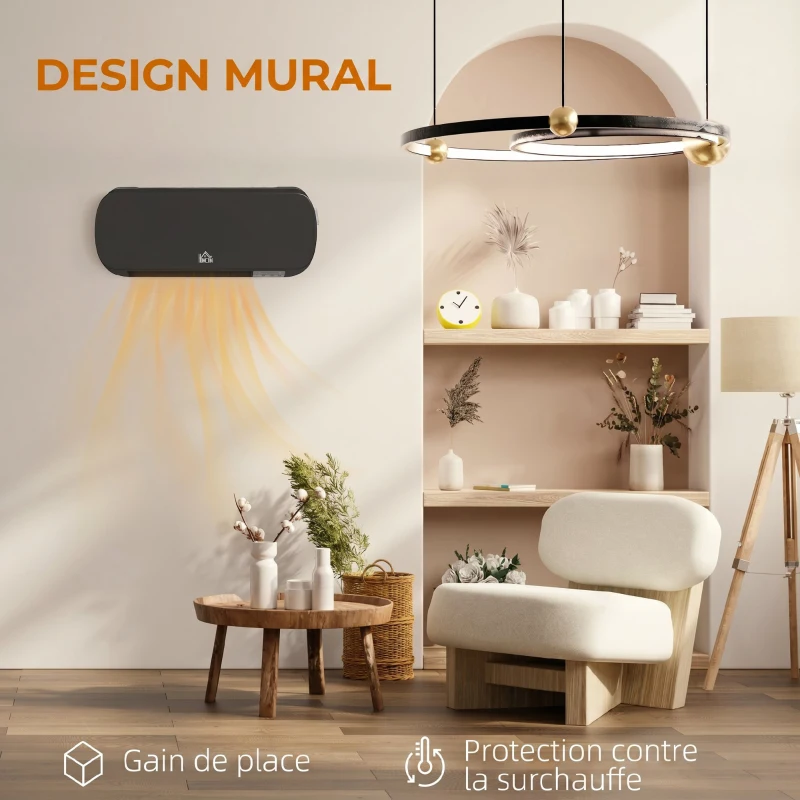 HOMCOM Radiateur Mural Soufflant 2000 W, Chauffage Céramique PTC, 3 Niveaux de Puissance, Télécommande, 45x18,6x11,5cm, Noir