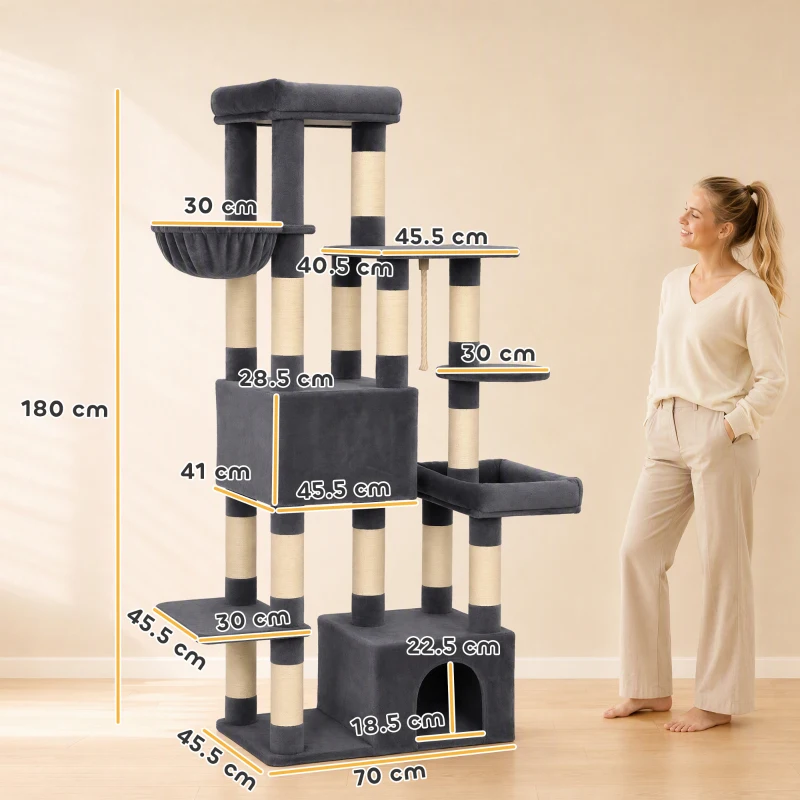 PawHut Tiragraffi per Gatti Grande Alto 180 cm Multilivello, 13 Pali Graffiatoi, 2 Grotte, Amaca, 2 Cucce, Grigio Scuro