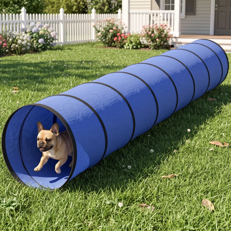 PawHut Tunel Agility dla psów 300 x 50 cm, tunel dla psów z 4 kotwami gruntowymi, torbą transportową, tunel do zabawy dla małych i średnich psów, niebieski