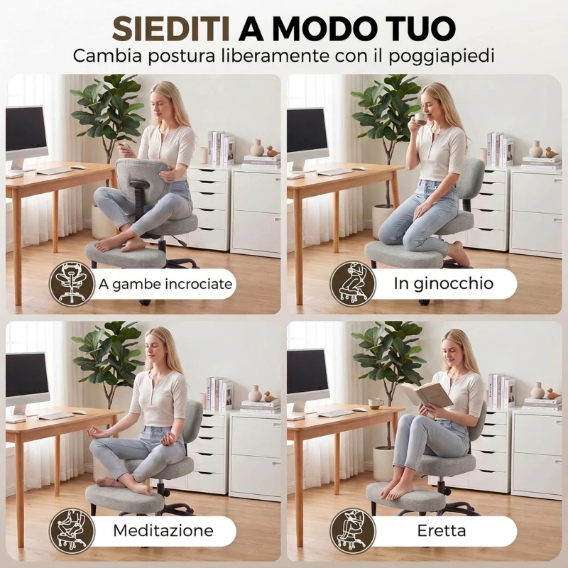 HOMCOM Sedia Ufficio Girevole con Poggiapiedi Rimovibile, Tessuto Effetto Lino, Altezza Regolabile, Grigio Chiaro