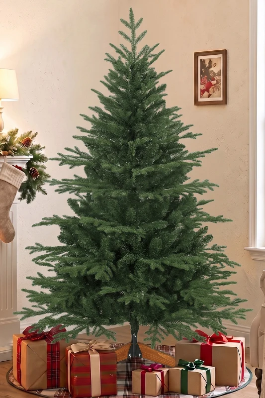 HOMCOM 150cm Artificial Christmas Tree Full Hinged Xmas Tree Solid Pine Wood Stand, Green