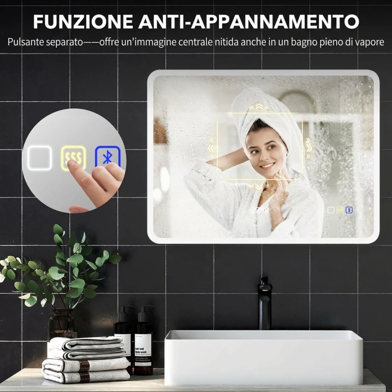HOMCOM Specchio Bagno LED con Bluetooth, Illuminazione Regolabile e Funzione Memory, in Vetro Temperato, 80x60x3.5 cm