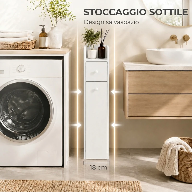HOMCOM Mobiletto Bagno Salvaspazio, Mobile Bagno Stretto a 3 Livelli con Ripiano Aperto e Cassetti Estraibili su Ruote