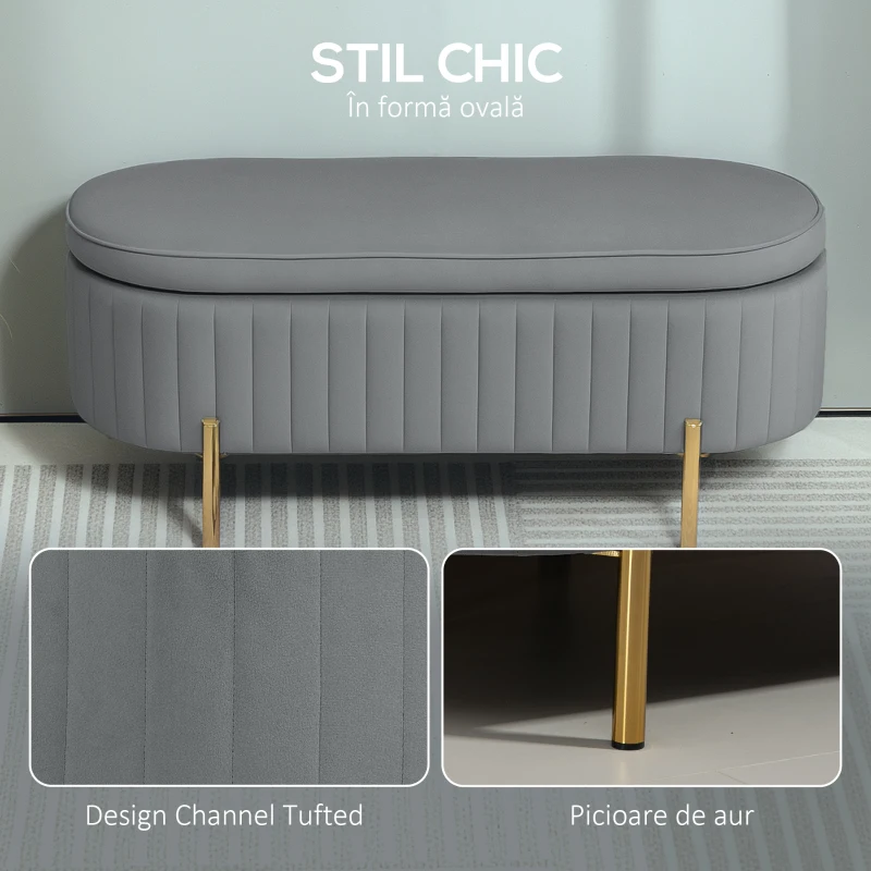 HOMCOM Banchetă ovală cu depozitare 72 L pentru hol și dormitor, cu capac rabatabil, șezut tapițat din catifea, structură din lemn de pin, 107 x 42 x 45,5 cm, gri