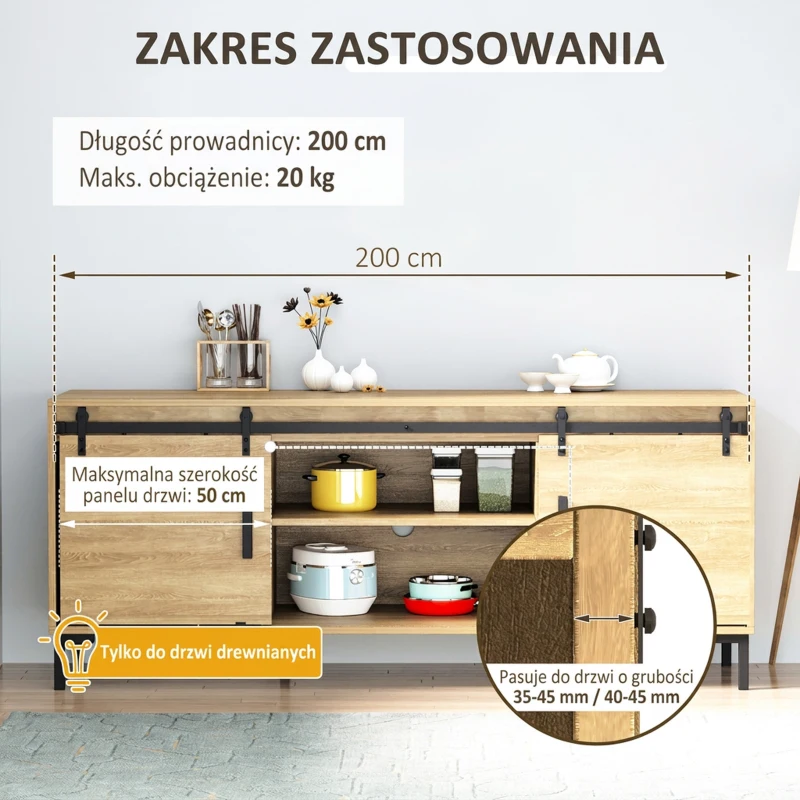 System do drzwi przesuwnych HOMCOM prowadnica do drzwi przesuwnych okucia do podwójnych drzwi drewnianych akcesoria stal węglowa kolor czarny 200 x 0,6 x 18 cm
