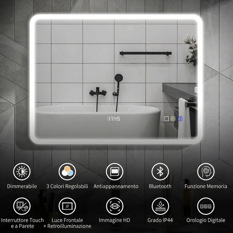 HOMCOM Specchio Bagno LED con Bluetooth, Illuminazione Regolabile e Funzione Memory, in Vetro Temperato, 80x60x3.5 cm