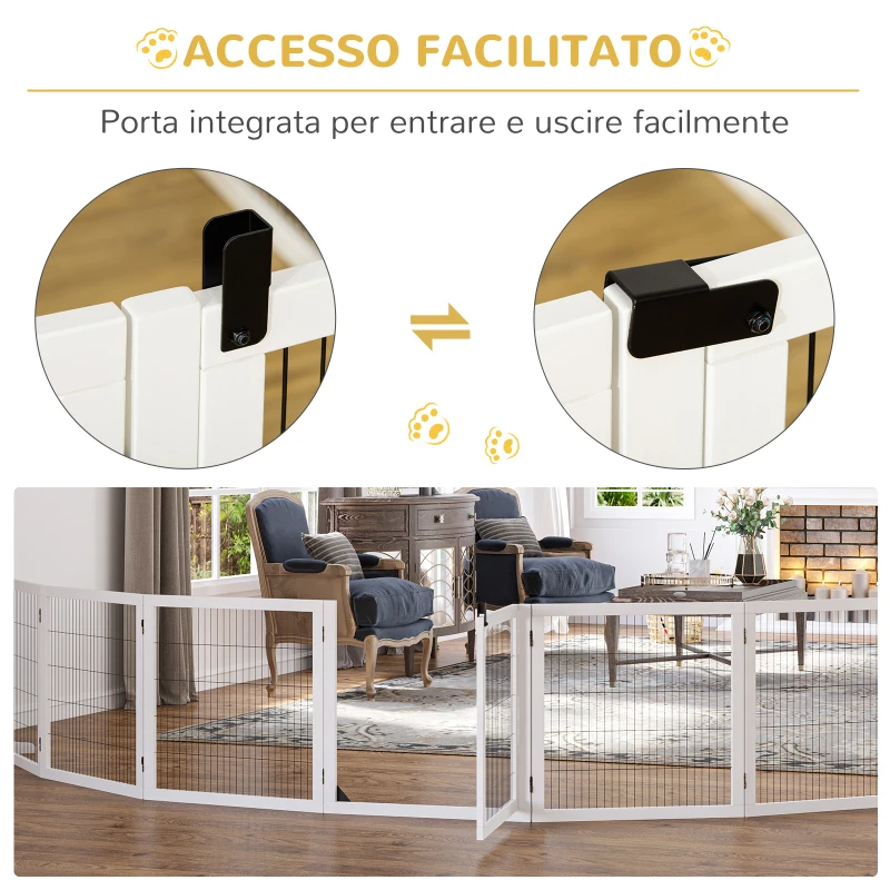 PawHut Cancelletto per Cani di Piccola/Media Taglia a 6 Pannelli Pieghevoli, in Legno e Acciaio, 432x36x70 cm, Bianco