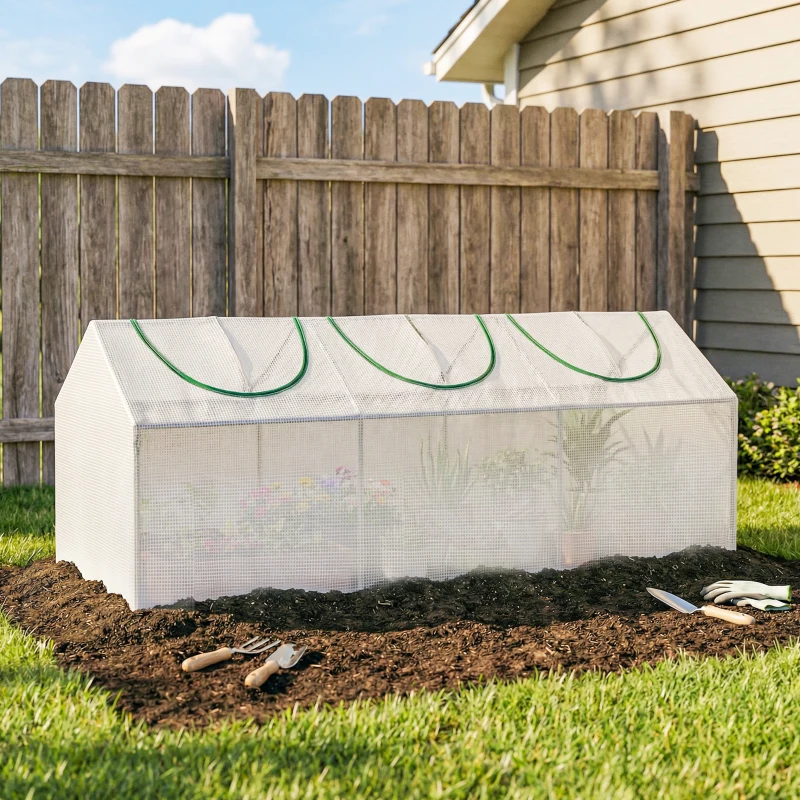 Outsunny Mini Greenhouse Portable Flower Planter Vegetable Grow House for Garden with Zipped Windows, 180 x 60 x 60 cm, White