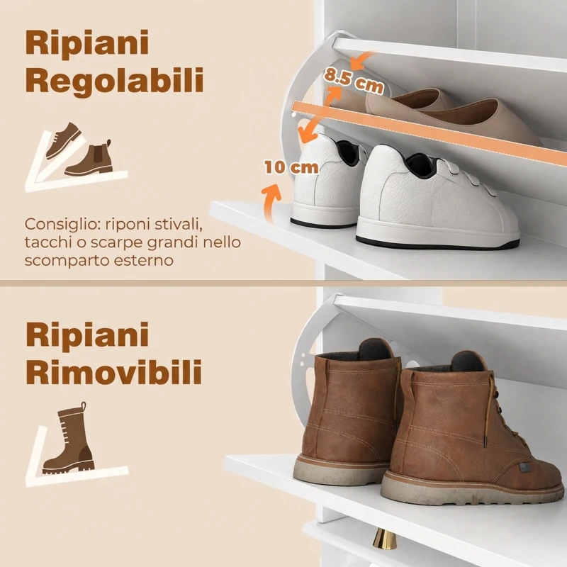HOMCOM Scarpiera Salvaspazio Slim con 2 Ante a Ribalta Scarpiera Ingresso con Ripiani Regolabili, Cassetto Base Rialzata