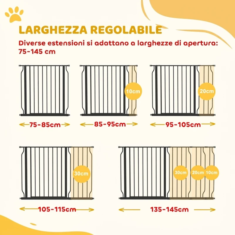 PawHut Cancelletto di Sicurezza per Cani in Acciaio e ABS, Cancellino per Cani Estensibile 75-145cm, Nero