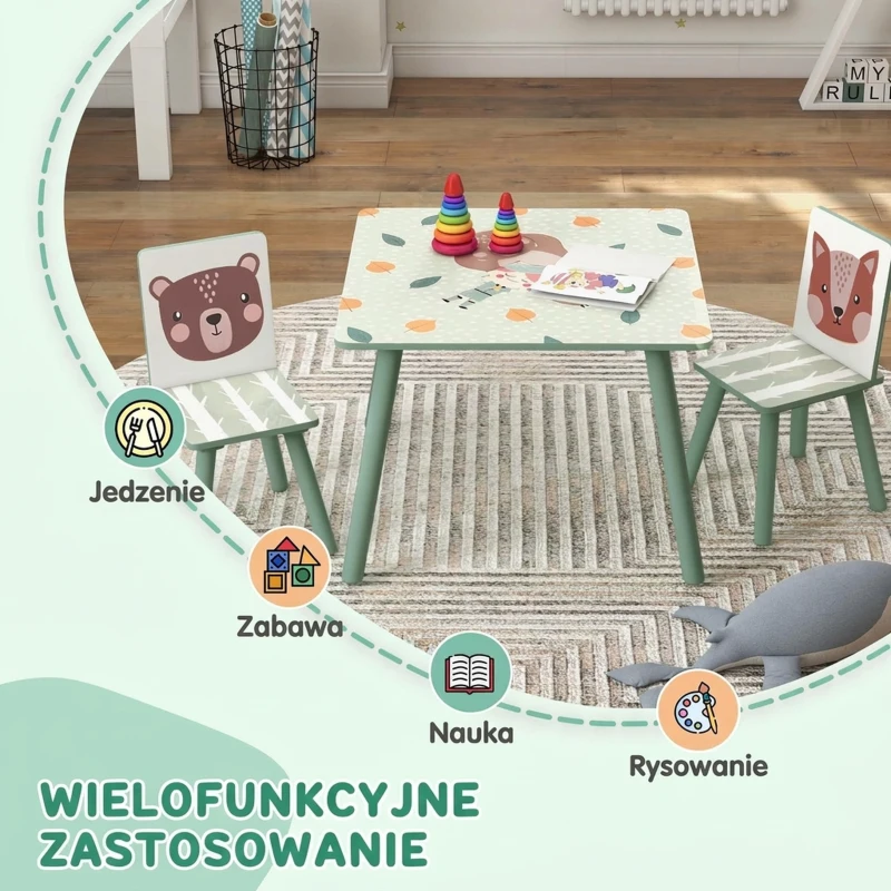 ZONEKIZ Zestaw mebli dla dzieci 3-8 lat, stół i 2 krzesła, zielony