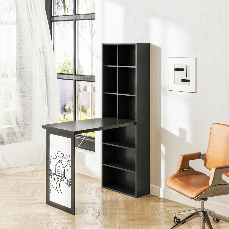 HOMCOM Scrivania con Libreria e Lavagna Bianca, Scrivania Salvaspazio, Ripiano Regolabile, 98x51x153 cm, Nero