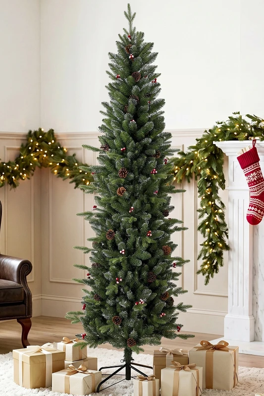 HOMCOM Slim Gracious Pine Xmas Tree, 7ft/210cm Artificial Christmas Tree with 904 Branch Tips, Foldable Steel Stand, Green
