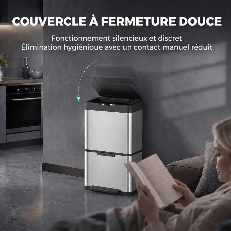 HOMCOM Poubelle de Cuisine Automatique 40 L en Inox, 3 Compartiments, Seaux Intérieurs Amovibles, Fermeture douce, Argenté