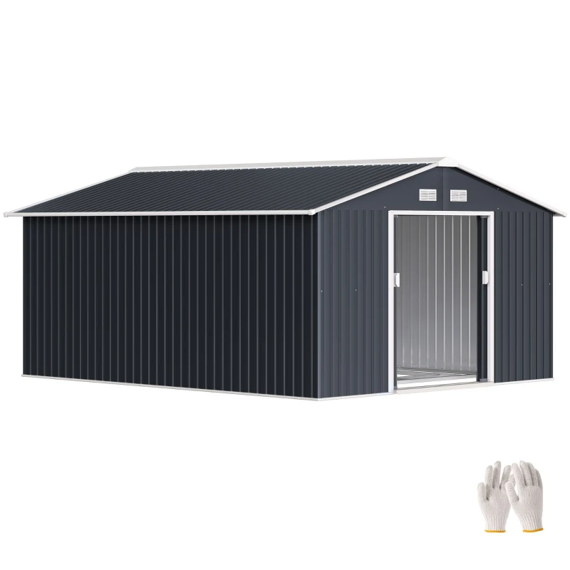 Outsunny Abri de Jardin 12,4 m², Kit de Fondation, Portes Coulissantes, Ventilations, Acier Galvanisé, 386x340x200cm, Gris Foncé