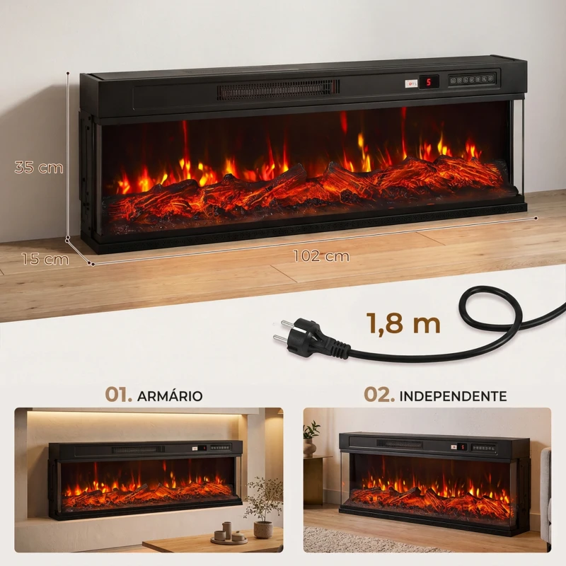 HOMCOM Lareira Elétrica de Encastrar ou Independente 750/1500W, 3 Lados, 12 Cores de Chama 3D, Termóstato, Telecomando, Preta