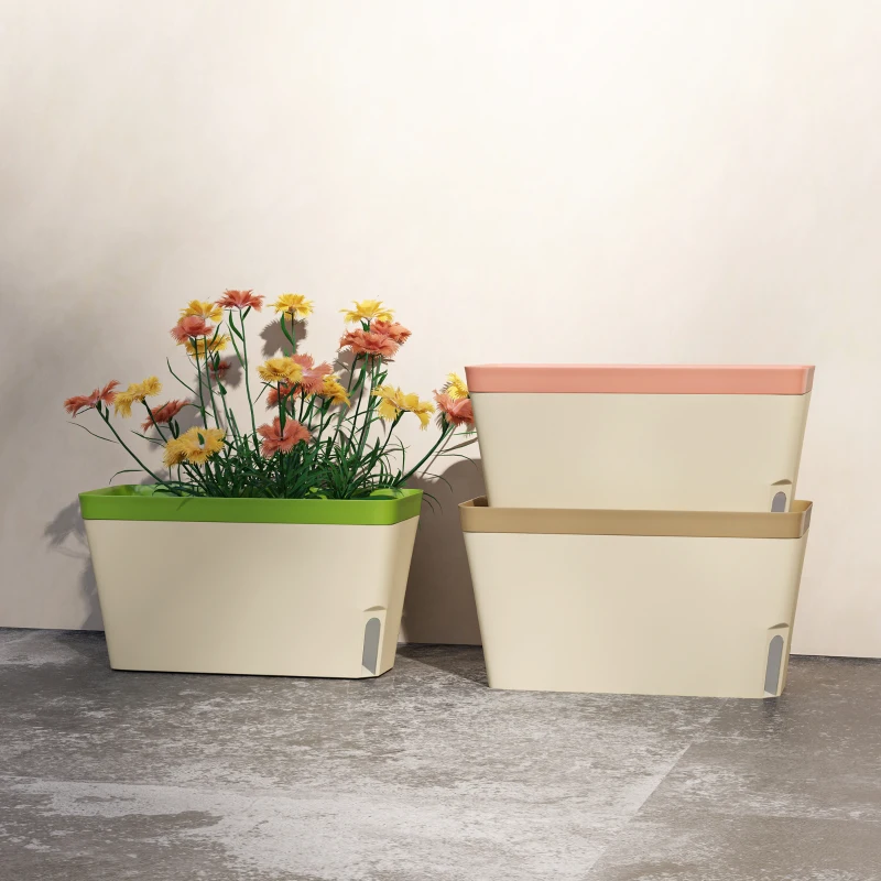 Outsunny Set of 3 Self Watering Plant Pots Outdoor, 27cm Rectangular Garden Planters with Visual Water Level Window, Plastic Flower Pots for Indoor Outdoor Garden Balcony