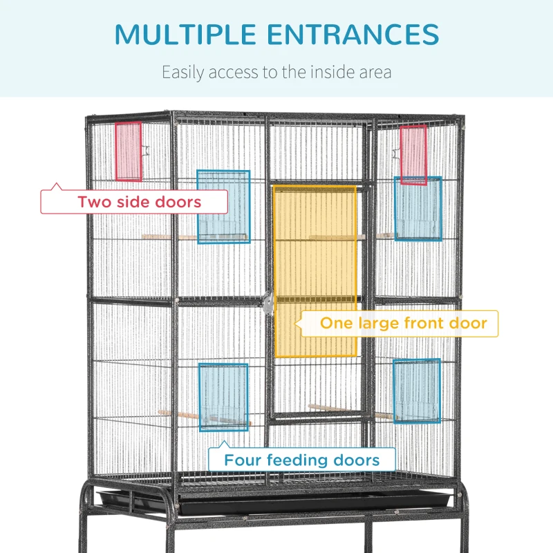 PawHut Large Bird Cage Budgie Cage with Stand, Storage Shelf, Wood Perch for Parrot, 81 x 48 x 162.5 cm, Black