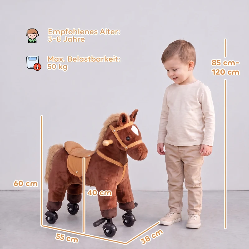 AIYAPLAY Schaukelpferd, Plüsch-Reitpferd mit Huf- und Wiehergeräuschen, Rollen/Pedale, 3–8 Jahre, bis 50 kg, Dunkelbraun