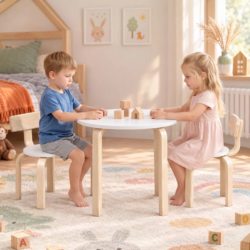 AIYAPLAY Stolik dziecięcy z 2 krzesłami, zestaw 3-częściowy, sztaplowane krzesła, zaokrąglone krawędzie, dla dzieci 3-8 lat, Biały
